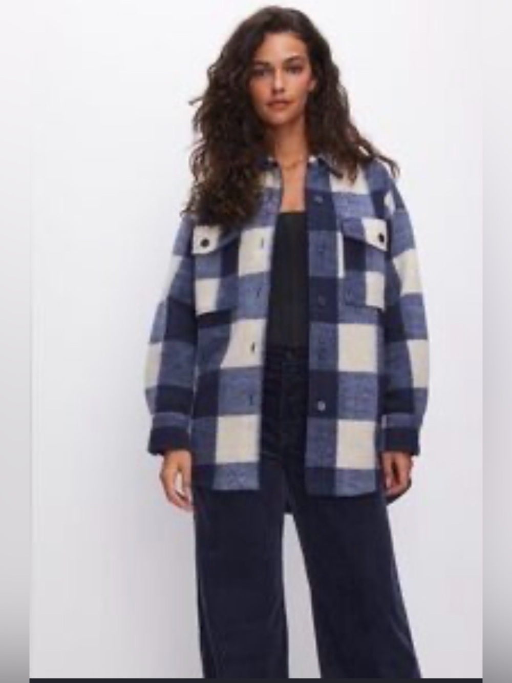 Good American Plaid Boyfriend Shacket XXS/XS Blue Cream Oversized Shirt Jacket